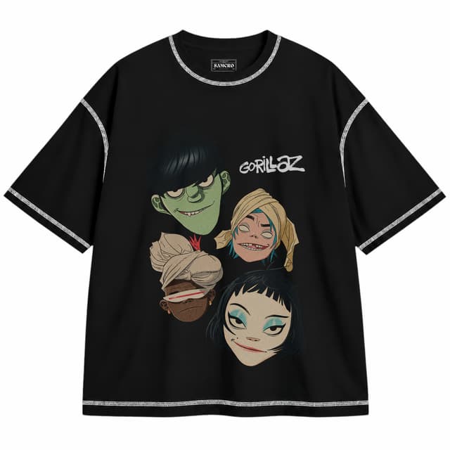 Gorillaz - The Mountain Heads — Unisex oversize, Negro con costura blanca