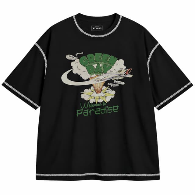 Green Day 11 — Unisex oversize, Negro con costura blanca