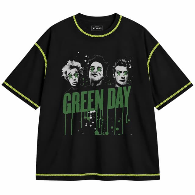 Green Day 13 — Unisex oversize, Negro con costura verde
