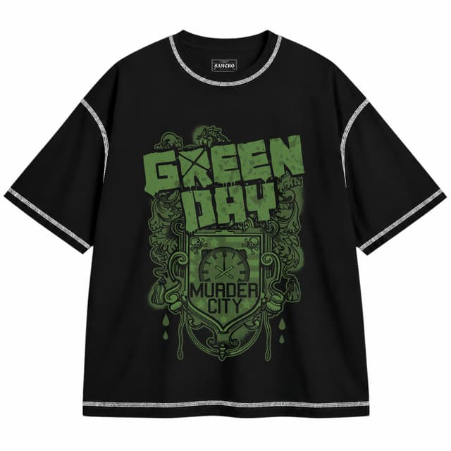 Green Day 14 — Unisex oversize, Negro con costura blanca