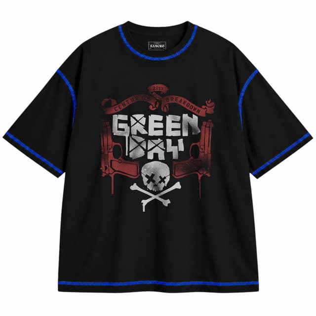 Green Day 15 — Unisex oversize, Negro con costura azul