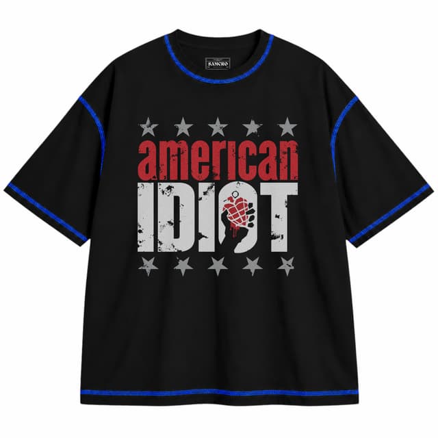 Green Day 7 — Unisex oversize, Negro con costura azul