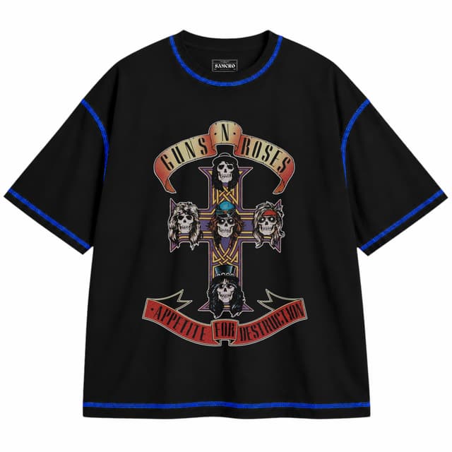 Guns N' Roses 5 — Unisex oversize, Negro con costura azul
