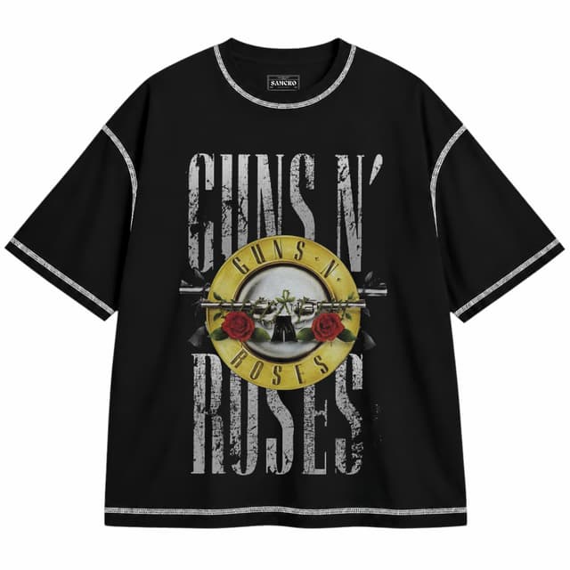 Guns N' Roses 6 — Unisex oversize, Negro con costura blanca