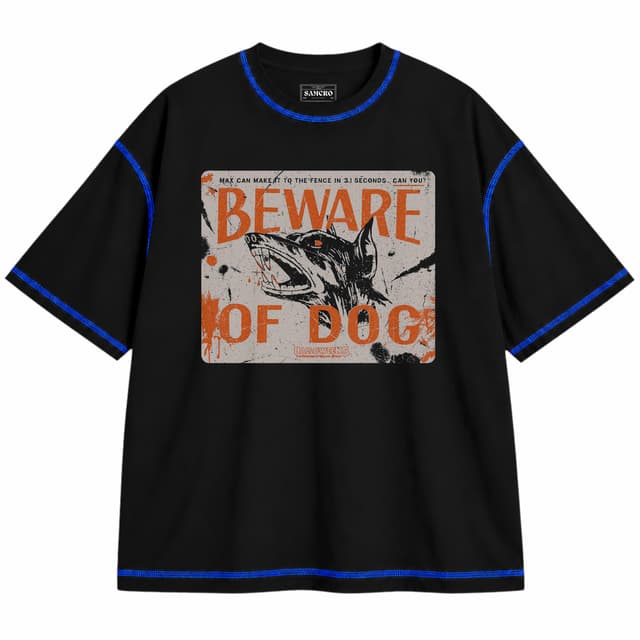 Halloween - 5 Beware of Max — Unisex oversize, Negro con costura azul
