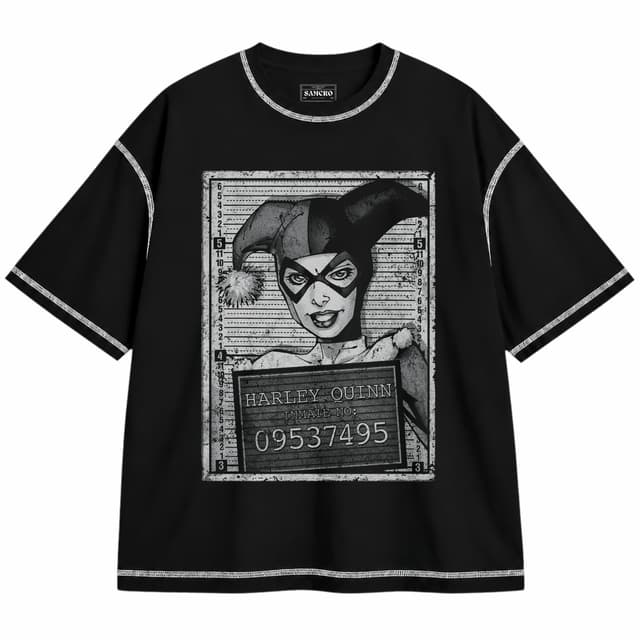 Harley Quinn 15 — Unisex oversize, Negro con costura blanca