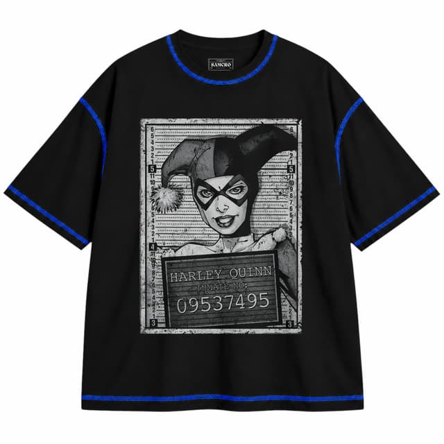 Harley Quinn 15 — Unisex oversize, Negro con costura azul