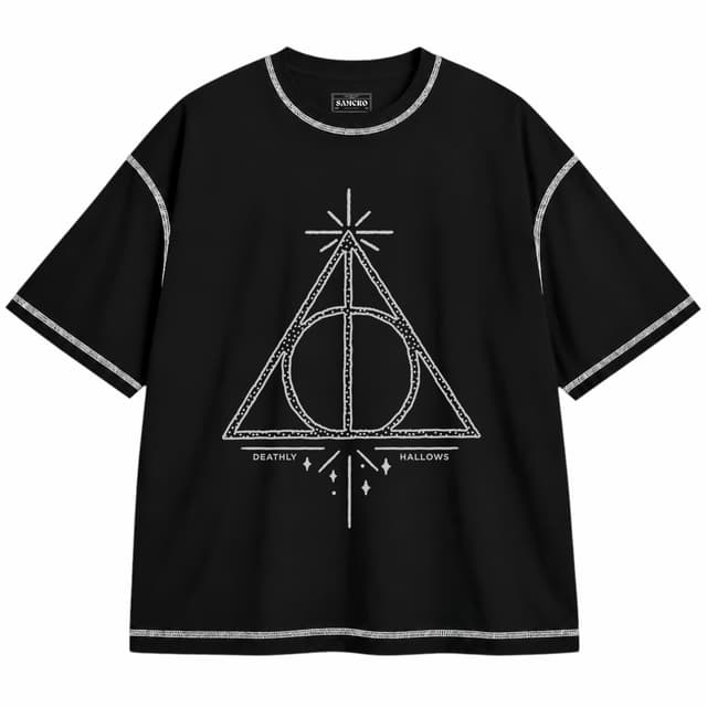 Harry Potter - Deathly Hallows Symbol — Unisex oversize, Negro con costura blanca