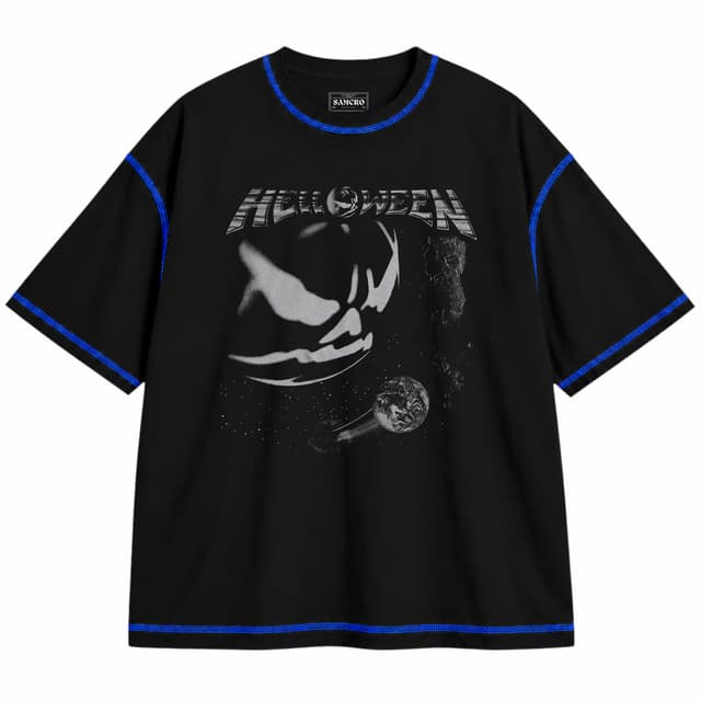 Helloween - Dark Ride Glow in the Dark — Unisex oversize, Negro con costura azul