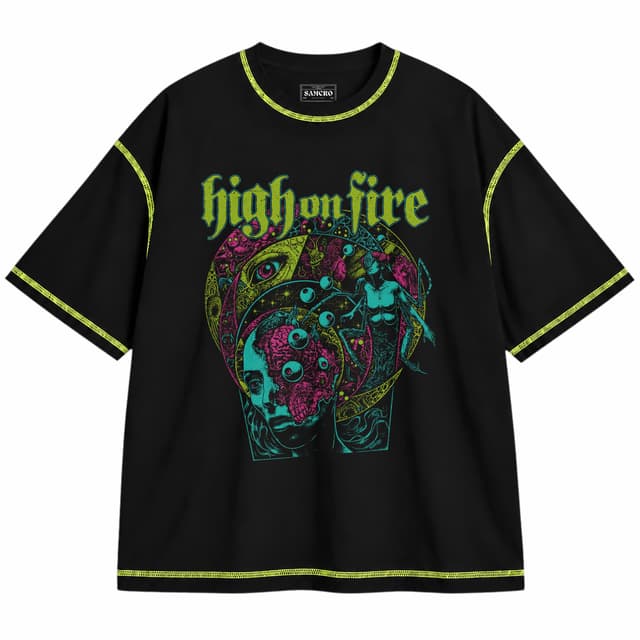 High on Fire - Dmt Pyromallis — Unisex oversize, Negro con costura verde