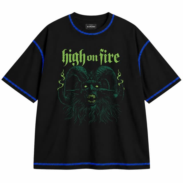 High on Fire - Horns Diogo — Unisex oversize, Negro con costura azul