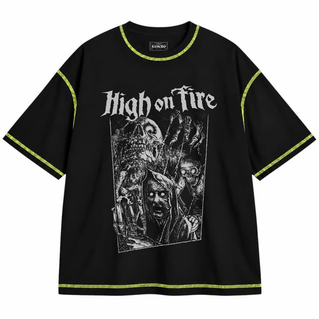 High on Fire - Horror — Unisex oversize, Negro con costura verde