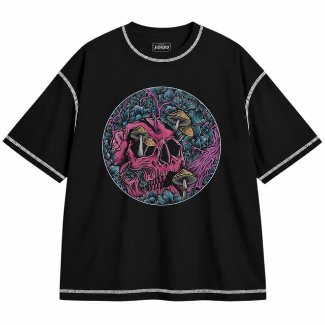 hongos magicos 11 — Unisex oversize, Negro con costura blanca
