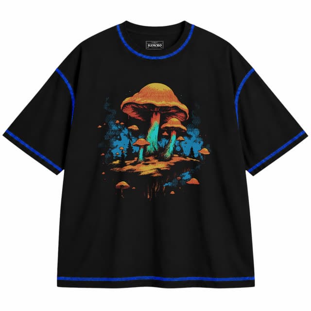 hongos magicos 12 — Unisex oversize, Negro con costura azul