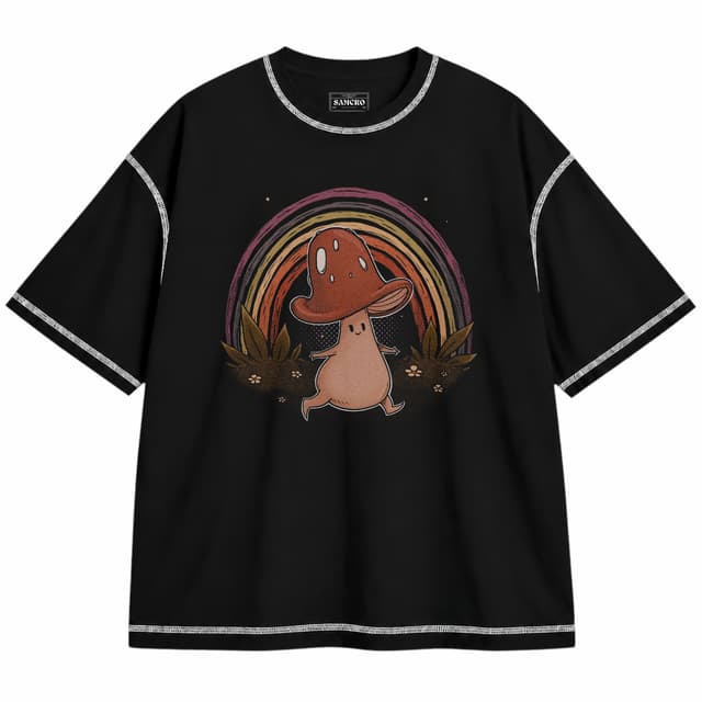 hongos magicos 5 — Unisex oversize, Negro con costura blanca