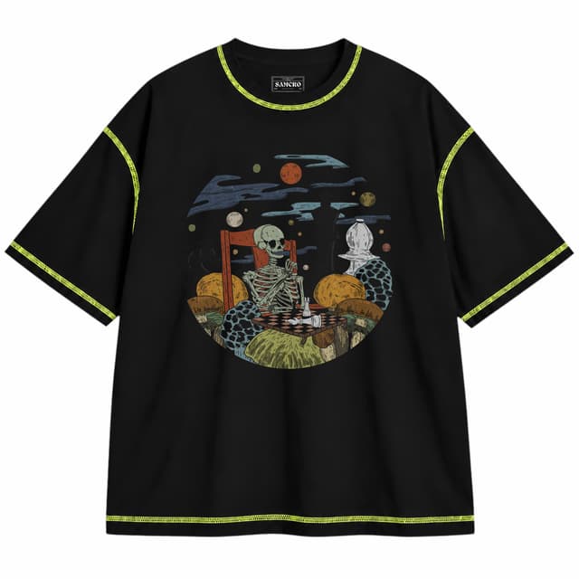 hongos magicos 9 — Unisex oversize, Negro con costura verde