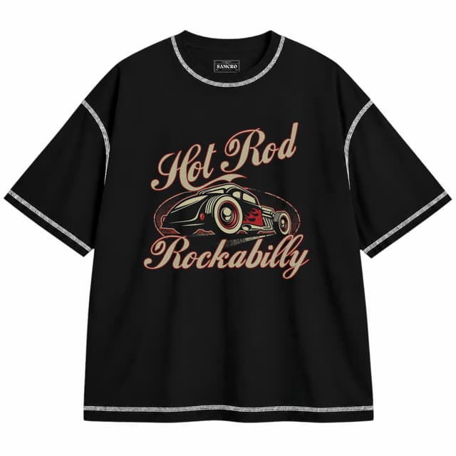Hot Rod 1 — Unisex oversize, Negro con costura blanca