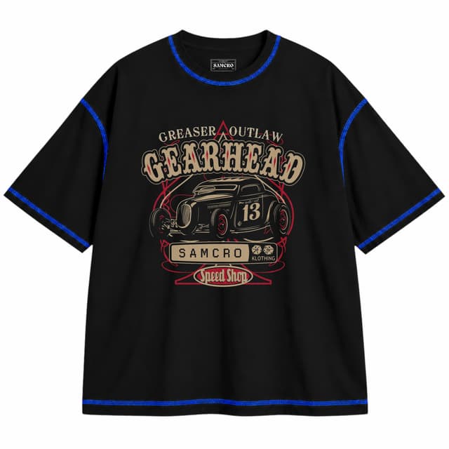 Hot Rod 2 — Unisex oversize, Negro con costura azul