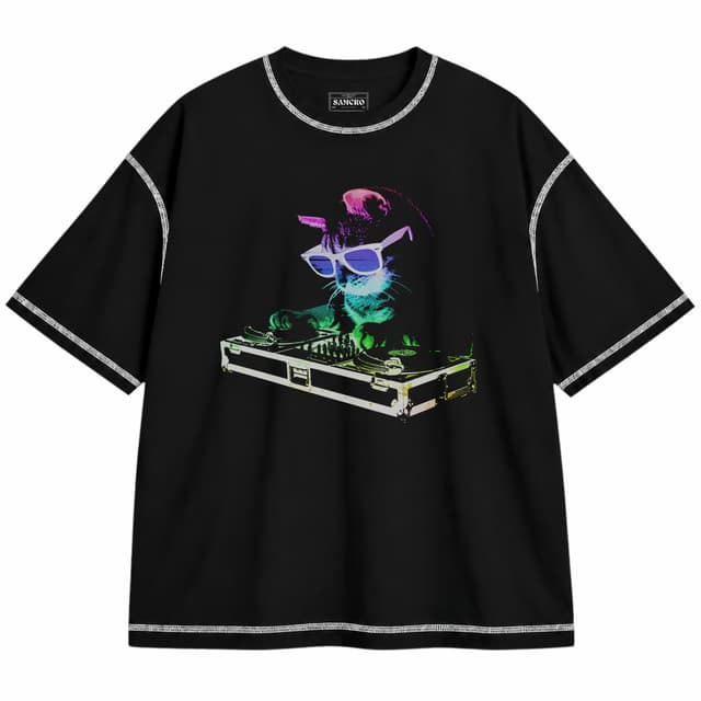 House Cat — Unisex oversize, Negro con costura blanca