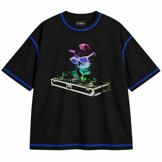 House Cat — Unisex oversize, Negro con costura azul