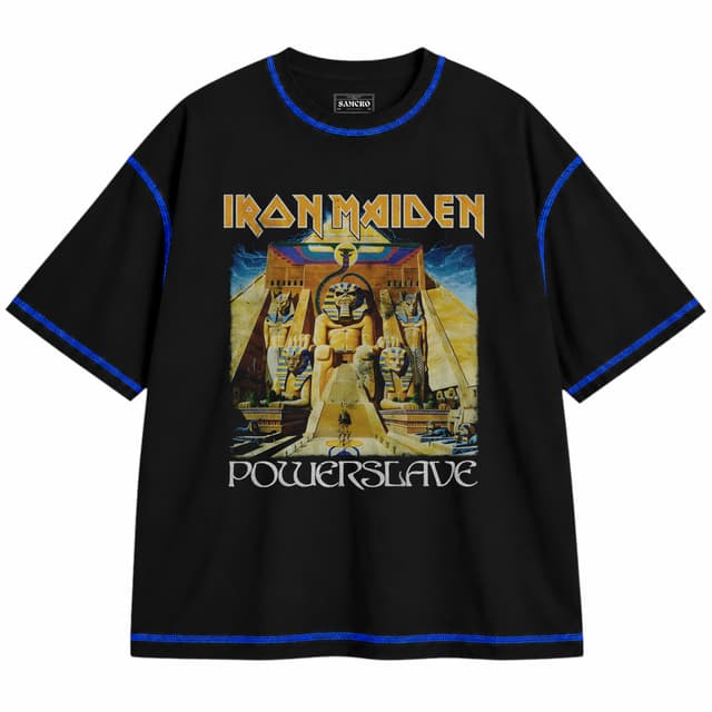 Iron Maiden 20 — Unisex oversize, Negro con costura azul
