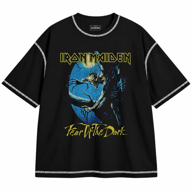 Iron Maiden 5 — Unisex oversize, Negro con costura blanca