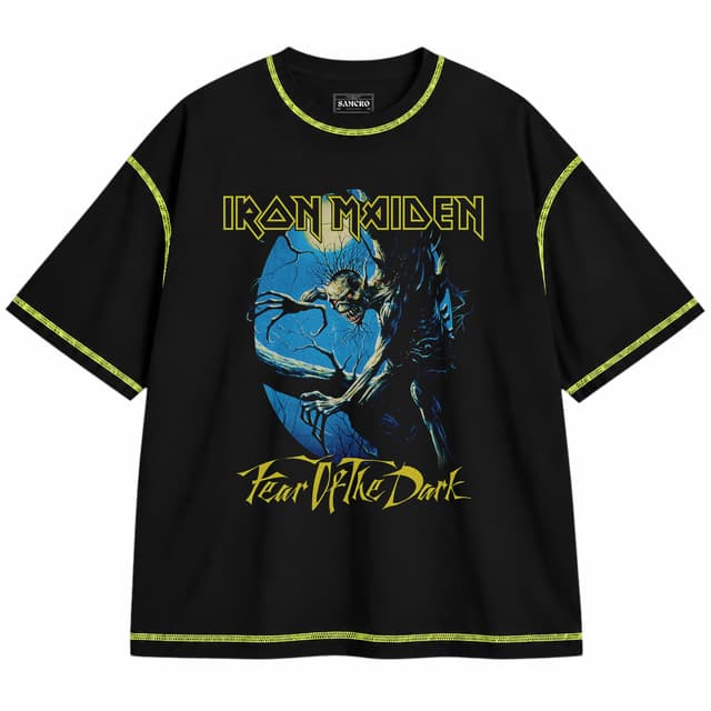 Iron Maiden 5 — Unisex oversize, Negro con costura verde