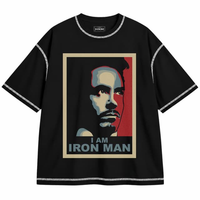 Iron Man 1 — Unisex oversize, Negro con costura blanca
