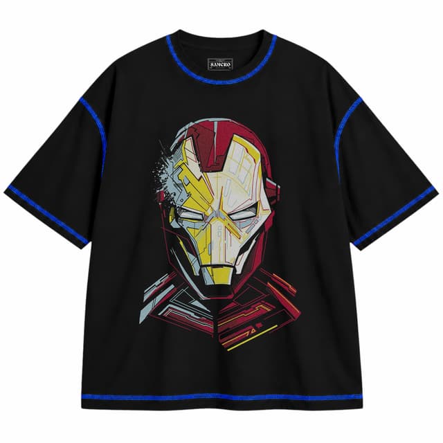 Iron Man 16 — Unisex oversize, Negro con costura azul