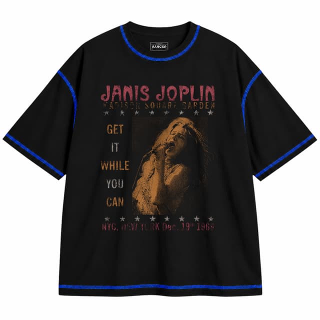 janis joplin 2 — Unisex oversize, Negro con costura azul