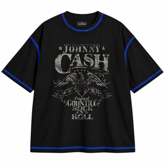 Johnny Cash 2 — Unisex oversize, Negro con costura azul