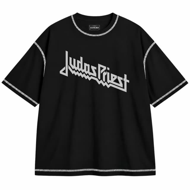 Judas Priest 3 — Unisex oversize, Negro con costura blanca