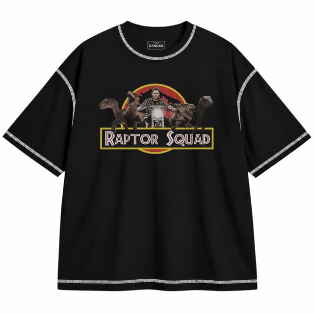 Jurassic 11 — Unisex oversize, Negro con costura blanca