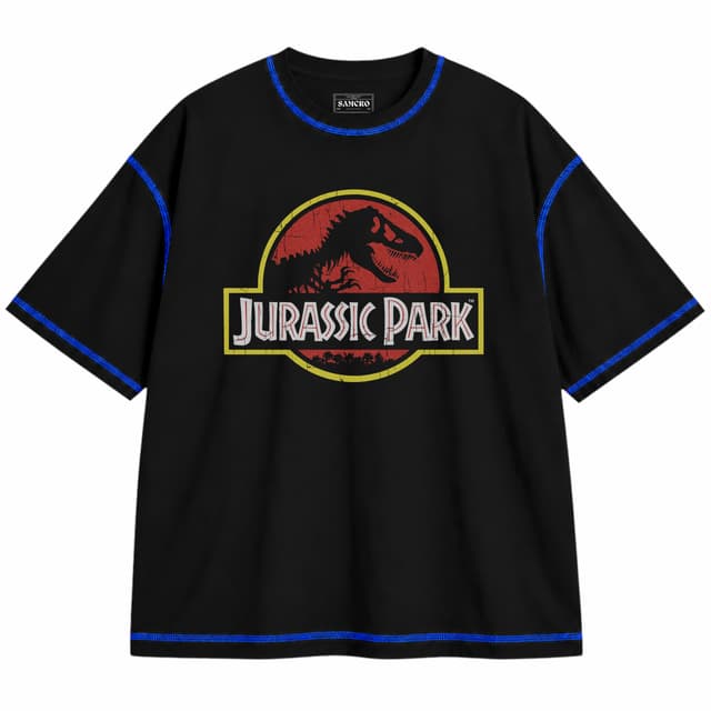 Jurassic 14 — Unisex oversize, Negro con costura azul