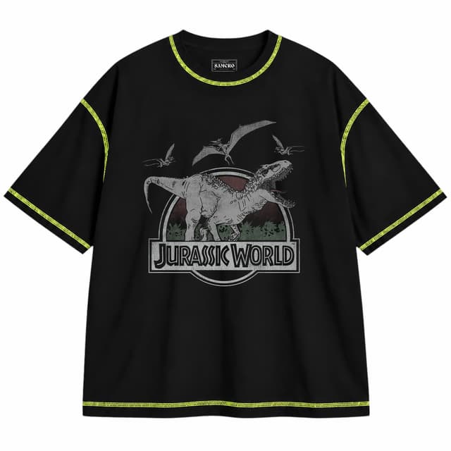 Jurassic 18 — Unisex oversize, Negro con costura verde