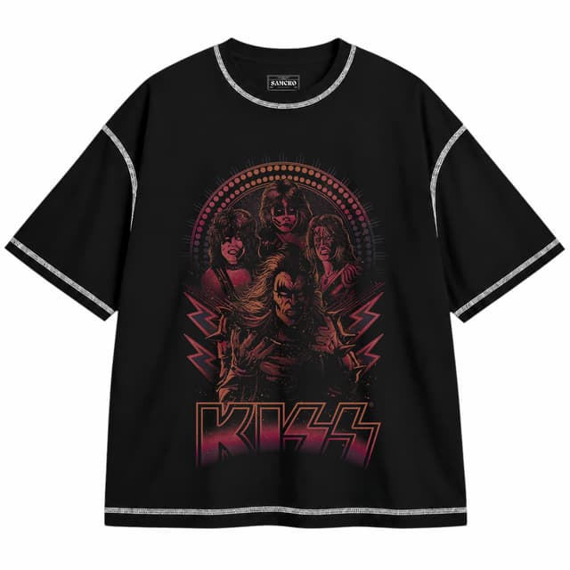 Kiss 10 — Unisex oversize, Negro con costura blanca