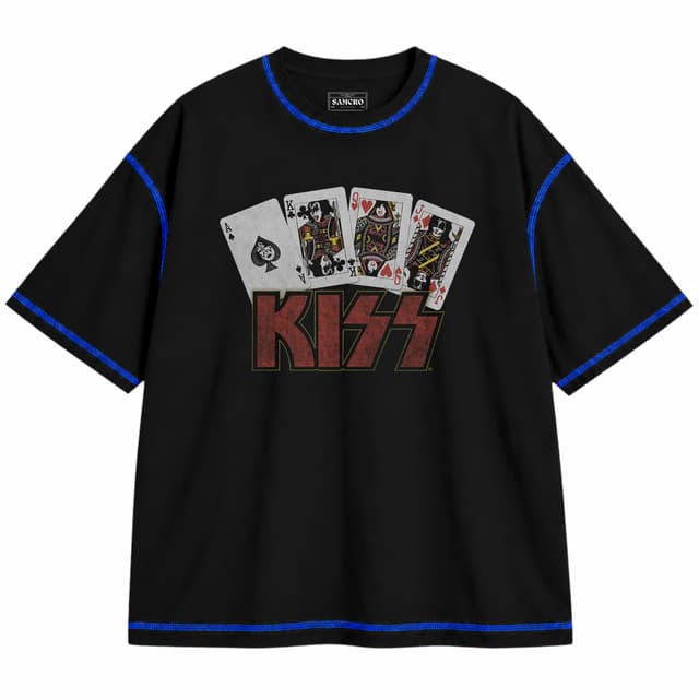 Kiss 14 — Unisex oversize, Negro con costura azul