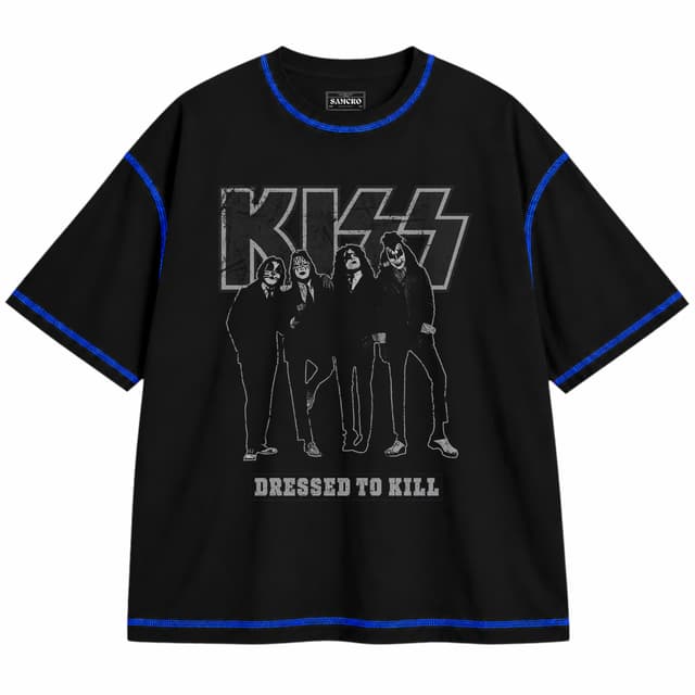 Kiss 23 — Unisex oversize, Negro con costura azul