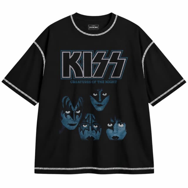 Kiss 24 — Unisex oversize, Negro con costura blanca