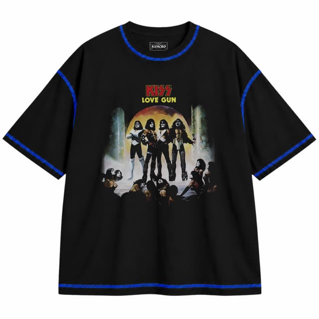 Kiss 25 — Unisex oversize, Negro con costura azul