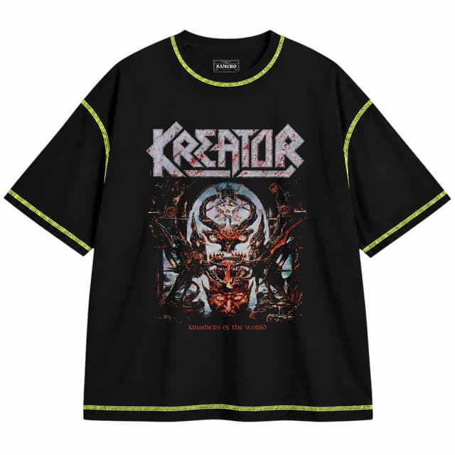 Kreator - Krushers of the World Album Cover — Unisex oversize, Negro con costura verde