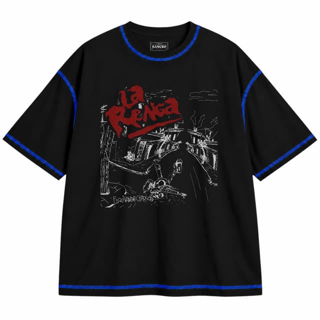 La Renga 7 — Unisex oversize, Negro con costura azul