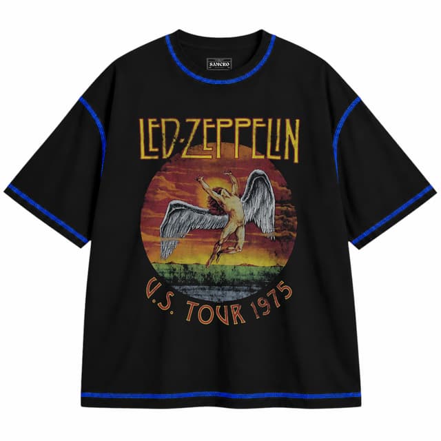Led Zeppelin 8 — Unisex oversize, Negro con costura azul