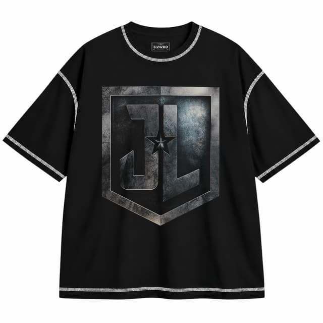 Liga de la Justicia 1 — Unisex oversize, Negro con costura blanca