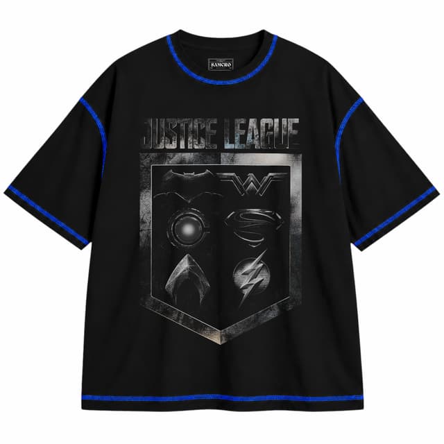 Liga de la Justicia 10 — Unisex oversize, Negro con costura azul