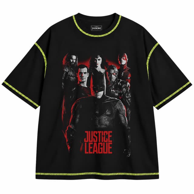 Liga de la Justicia 11 — Unisex oversize, Negro con costura verde