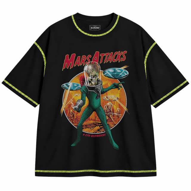 Mars Attacks 5 — Unisex oversize, Negro con costura verde