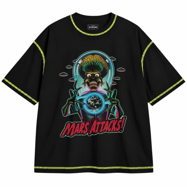 Mars Attacks - Alien Holding Earth Neon — Unisex oversize, Negro con costura verde