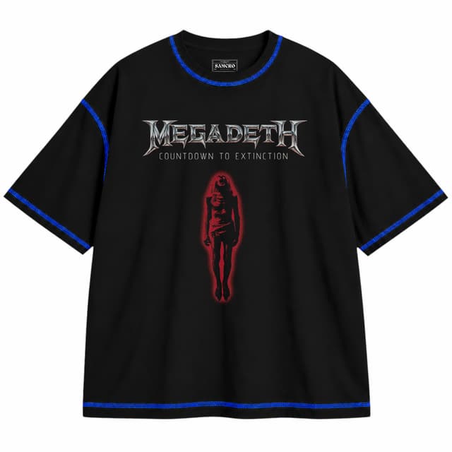 Megadeth 10 — Unisex oversize, Negro con costura azul