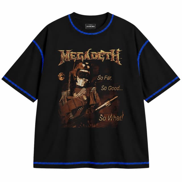 Megadeth 11 — Unisex oversize, Negro con costura azul